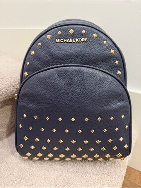 Michael Kors Navy Leather Backpack with Gold Studs